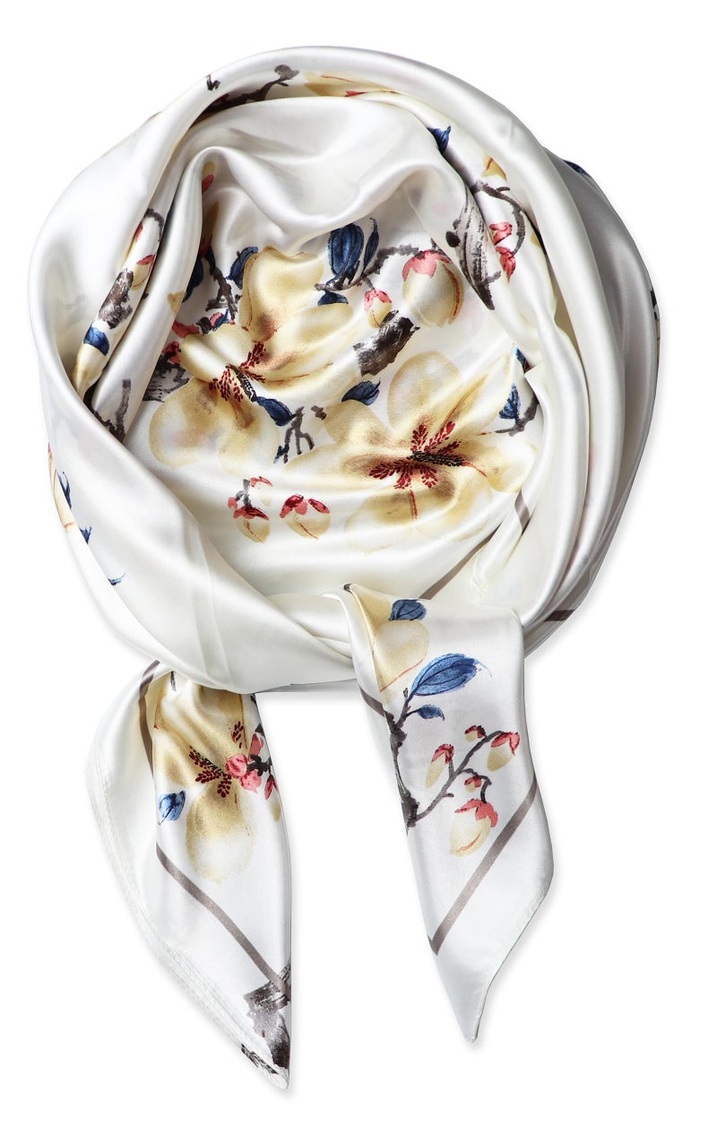 vabovin 35" Silk Like Headscarf for women fashion Pattern Large Square Satin Hair Scarf (White Flowers) - Image 1